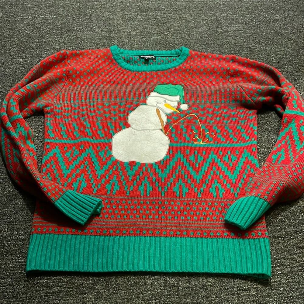 Carbon Brand Size Large Peeing Snowman Ugly Christmas Sweater Funny